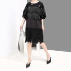 Elbow-sleeve Sequin Shift Dress Black - One Size