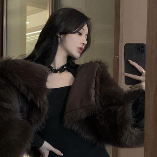 Fluffy Cropped Jacket / Choker-neck Mini Bodycon Dress