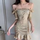 Off-shoulder Ruffled Lace-up Mini Sheath Dress