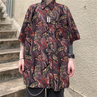 Set: Short-sleeve Print Shirt + Band-waist Shorts Purple & Red & Green - One Size