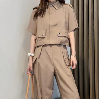 Set: Short-sleeve Plain Blouse + Harem Pants