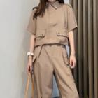 Set: Short-sleeve Plain Blouse + Harem Pants