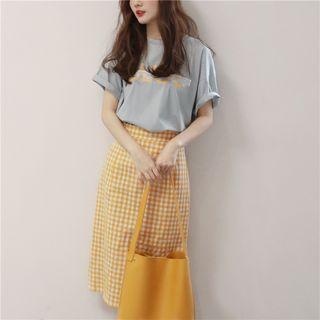 Lace Trim Lettering Short Sleeve T-shirt Blue - One Size