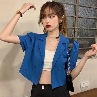 Puff-sleeve Double-breasted Plain Cropped Blazer