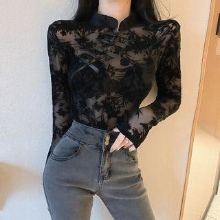 Long-sleeve Mandarin-collar Lace Top