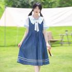 Short-sleeve Sailor Collar Ribbon Denim Midi A-line Dress