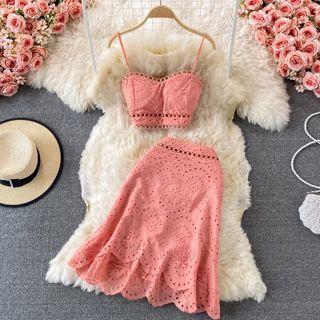 Set: Crochet Lace Crop Camisole + Ruffle Pencil Skirt