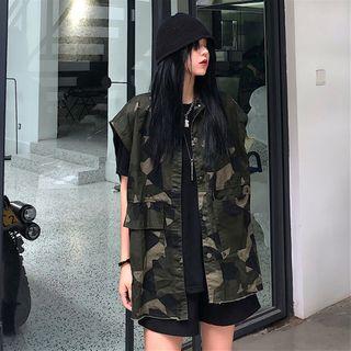 Short-sleeve Camouflage Front Pocket Button Top Camouflage - One Size