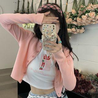 Short-sleeve Printed Cropped Top + Light Cardigan