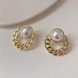Metal Woven Pearl Stud Earring Gold - Pearls