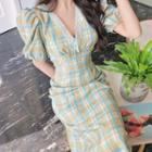 Puff-sleeve V-neck Plaid Slim-fit Dress