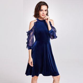 Cold Shoulder Lace Sleeve Velvet A-line Dress