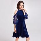 Cold Shoulder Lace Sleeve Velvet A-line Dress