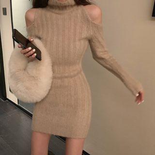 Mock-neck Cold-shoulder Mini Sweater Dress