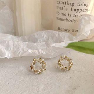 Rhinestone Beaded Hoop Earrings Stud Earring - 1 Pair - 925 Silver Stud - Gold - One Size