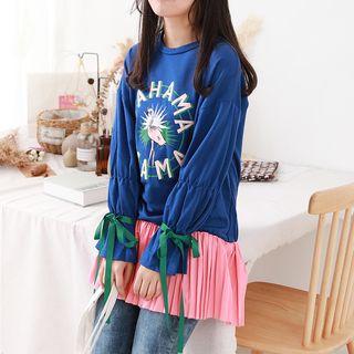 Long-sleeve Logo Printed Pleat-trim Mini Dress Blue - One Size