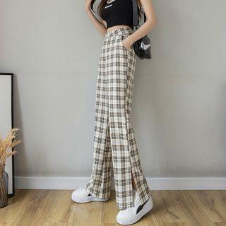 Plaid Slit Wide-leg Pants