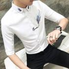 Feather Embroidered Elbow-sleeve Shirt