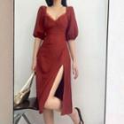 Puff Sleeve Frilled Slit Dress