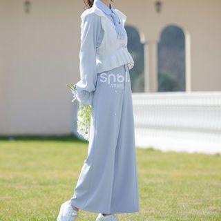 Long-sleeve Blouse / Frill Trim Vest / Wide Leg Pants
