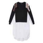 Long-sleeve Panel Midi A-line Dress Black & White - One Size