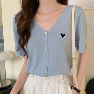 Elbow-sleeve Heart Print Cardigan