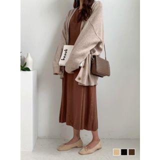 Pleated Balloon-sleeve Tie-waist Long Dress