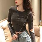Cutout Elbow Long-sleeve T-shirt Gray - One Size
