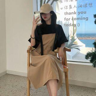 Two Tone Overall Dress Khaki - One Size