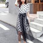 Set: Dotted Short-sleeve A-line Dress + Sheer Skirt