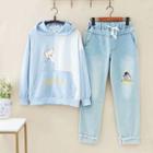 Cat Print Hoodie / Penguin Embroidered Straight-cut Jeans