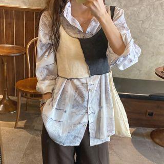 Long-sleeve Printed Shirt / Color Block Tank Top