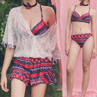 Set: Print Bikini + Lace Cover-up + Shorts