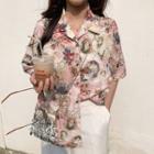 Elbow-sleeve Printed Shirt As Shown In Figure - One Size
