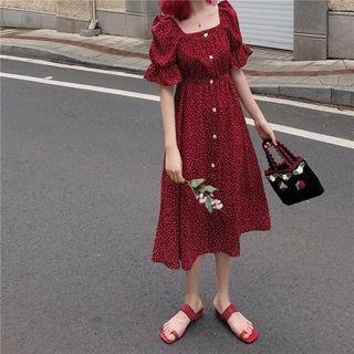 Square-neck Dotted Midi A-line Dress