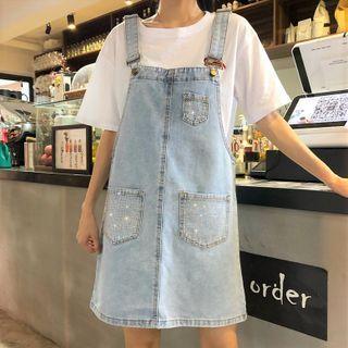 Rhinestone Denim Mini A-line Overall Dress