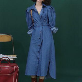 Puff-sleeve Denim Midi A-line Shirt Dress