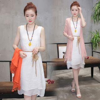 Set: Plain Tank Dress + Tasseled Short-sleeve Light Jacket
