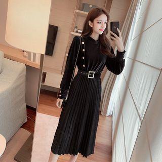 Long-sleeve Velvet Pleated Midi A-line Dress