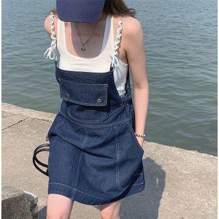 Denim Spaghetti-strap Dress / Puff-sleeve Plain Shirt