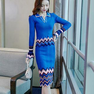Set: Printed Collared Sweater + Knit Pencil Skirt