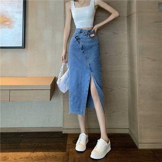 High-waist Asymmetrical Front-slit Denim Semi Skirt