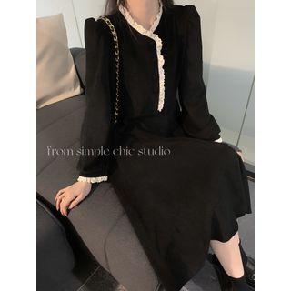 Lace Trim Midi A-line Dress Black - One Size