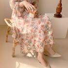 Frill-trim Beribboned Floral Midi Dress Ivory - One Size