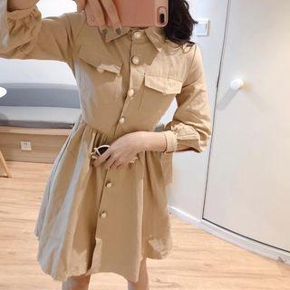 3/4-sleeve Faux Pearl Mini A-line Shirtdress