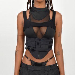 Mock-neck Mesh Panel Crop Tank Top