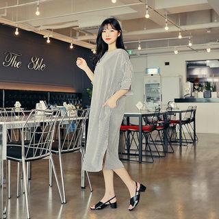 Slit-side Striped Midi Dress