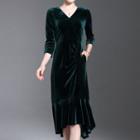 Velvet V-neck 3/4-sleeve A-line Midi Dress