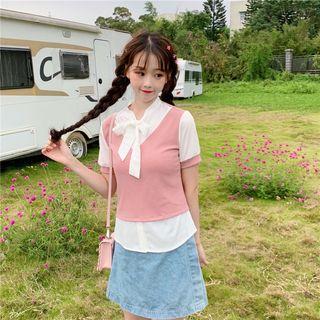 Short-sleeve Tie-neck Mock Two-piece Blouse