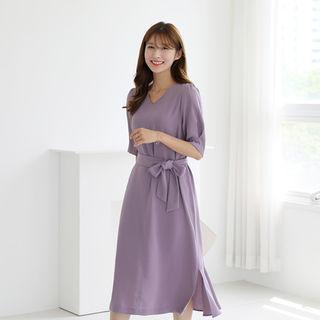 V-neck Ruffle-hem A-line Dress With Sash